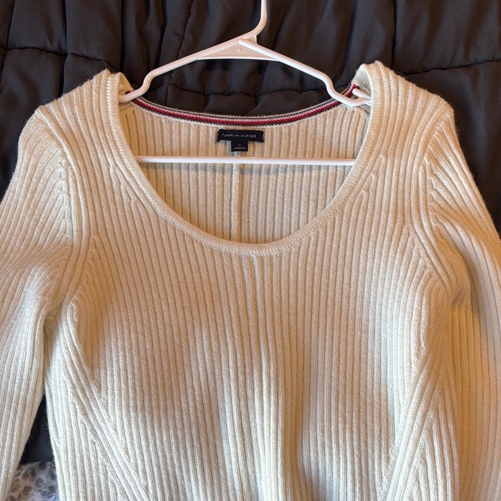 Tommy Hilfiger Ivory Ribbed Scoop Neck Sweater Dress